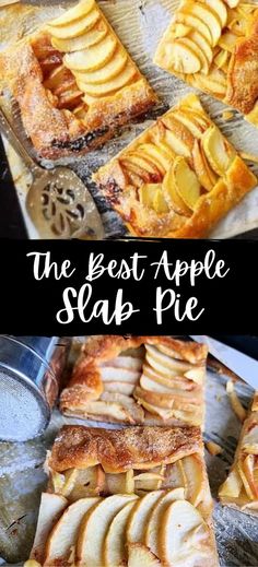 Collage of slices of apple slab pie at top and bottom. Quick Apple Pie Recipe, Apple Slab Pie Recipe, Ticket To Happiness, Quick Apple Pie, Pizza Pie Recipe, Pie Crust Dessert, Peach Pizza, Slab Pie Recipes, Pie Crust Cookies