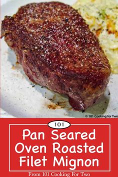 the cover of 1011 pan seared oven roasted filet migon, with text overlay