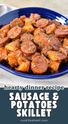 sausage and potatoes skillet in a blue bowl with text overlay that says healthy dinner recipe