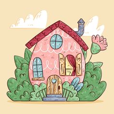 a pink house with lots of windows and plants around it on a yellow background illustration