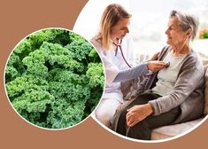 an elderly woman is listening to her doctor's stethoscope next to a pile of broccoli