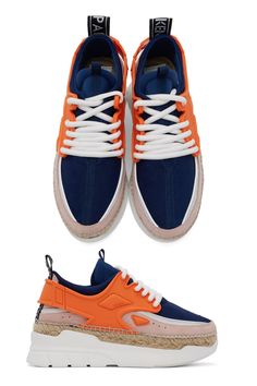 Kenzo Orange K-Lastic Sneakers. Low-top panelled leather, mesh, and rubber sneakers colorblocked in orange, navy, and pink. Round toe. Lace-up closure in white. Rubber Sneakers, Pink Round, Vans Authentic Sneaker, Vans Sneaker, Low Top