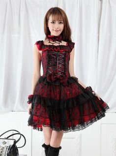 Red And Black Lace Gothic Lolita Sleeveless Dress Sleeveless Corset Dress For Costume Party, Sleeveless Corset Dress For Halloween Cosplay, Punk Style Costume Dresses With Ruffles, Punk Style Ruffled Costume Dresses, Gothic Black Sleeveless Corset Dress, Black Gothic Sleeveless Corset Dress, Steampunk Sleeveless Corset Dress For Halloween, Steampunk Sleeveless Corset Dress For Party, Black Sleeveless Gothic Corset Dress