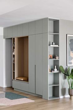 a living room with a bookcase, couch and potted plant on the floor