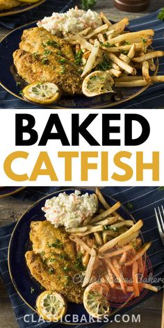 baked fish and french fries on a blue plate with text overlay that reads baked catfish