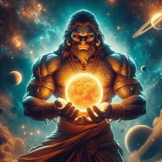 an image of a man holding a ball in his hands with other planets around him