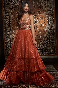 Shop for Salian By Anushree Orange Crepe Embroidered Anarkali With Dupatta for Women Online at Aza Fashions Colorful Mendhi Outfit, Sangeet Inspiration, Anarkali With Dupatta, Embroidered Anarkali, Anarkali Dress Pattern, Traditional Indian Dress, Indian Gowns Dresses