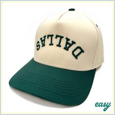 Upside Down Dallas Hat: Off-White/Dark Green Hat with 3D Embroidery (Dark Green Thread) Want to customize this hat?  Choose the 'Customize this Hat' option and type what you want instead of Dallas. Your text will be upside down and all capital letters (just like Dallas). Please send a message if you have any questions. Check out our shop for more Customizable Hats https://easyhatco.etsy.com/ Color: Off-White/Dark Green Style: 5-Panel Size: OSFM (one size fits most) Fit: Adjustable Closure: Snapb Dallas Hat, Dark Green Style, Green Thread, 5 Panel Hat, Green Hat, 3d Embroidery, Panel Hat, Green Style, Capital Letters