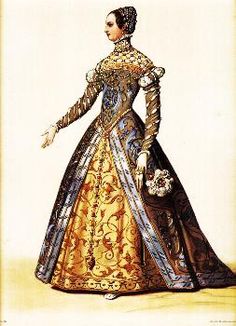 Tudor fashion of the mid-fifteen hundreds was influenced heavily by fashions of Italy and France. In this fashion plate depicting Catherine de Medici, the sleeves emerging from a puff or roll at the top and rapidly becoming close-fitting down to the cuff were called "French sleeves" in England. 1500s Fashion, France Fashion, Period Outfit, Royal Families, Historical Costume