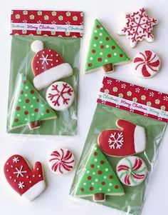 decorated christmas cookies in bags on a table