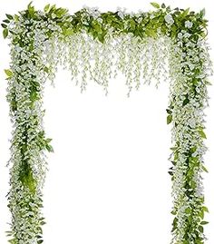 an arrangement of white flowers and greenery is arranged in the shape of a square frame