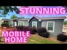 a mobile home is shown with the words stuinning in front of it and an image