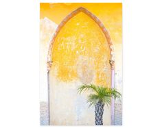 a palm tree sitting in front of a yellow wall with an arched doorway on it