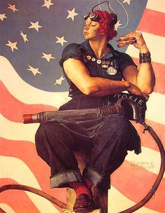 a painting of a woman sitting on top of a fire hydrant in front of an american flag