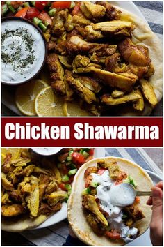 chicken shawarma with sour cream sauce and lemon wedges, served on pita bread