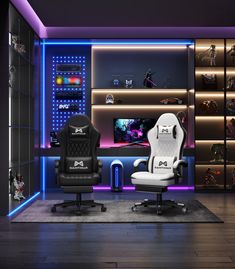 a gaming room with two chairs and a desk