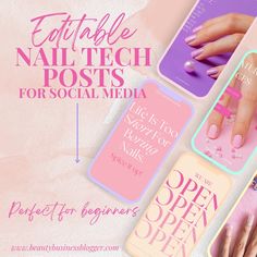 four different types of nail polishes with text overlay that reads, edible nail tech posts for social media perfect fit beginner's guide