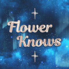 the words flower knows are written in gold letters on a blue background with white stars