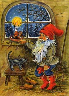 a painting of a gnome looking out the window at a cat