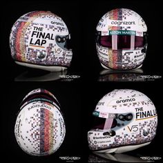 four different views of a helmet with the words'the final lap'written on it