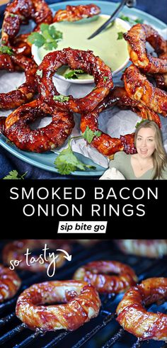 Traeger smoked bacon wrapped onion rings Smoker Appetizer, Bacon Wrapped Onion Rings, Bacon Wrapped Onion, The Best Game