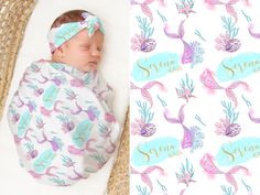 a baby wrapped in a swaddle laying on top of a blanket next to a photo of a sleeping mermaid