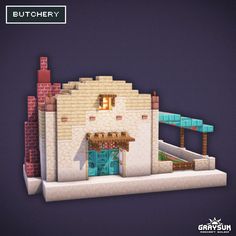 a low poly model of a brick building with a blue door and window on the side