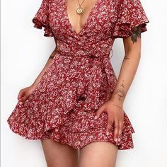 Large Mini Faux Wrap Dress, Nwt Flirty Red Floral Print Dress, Chic Red Floral Summer Dress, Fitted Red Floral Dress For Summer, Red Floral Ruffle Dress For Spring, Flirty Red Dress For Day Out, Red Lined Dress For Day Out, Red Floral Print Mini Dress, Red A-line Floral Dress For Summer, Chic Red Floral Dress For Summer