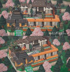 this is an image of two houses in the same area with trees and flowers all around them