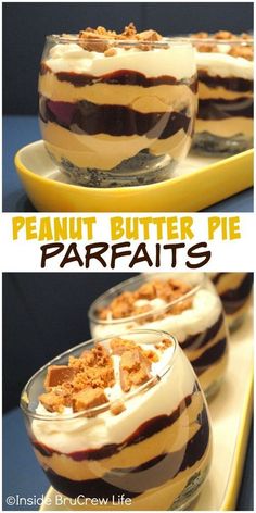 there are two desserts in glass bowls on the table and one is topped with peanut butter pie parfaits