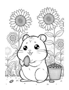 a hamster eating some food in front of sunflowers and another animal behind it