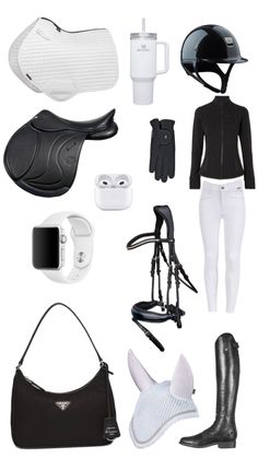 an assortment of equestrian equipment including boots, gloves and hats