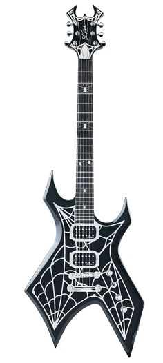 an electric guitar with a spider web design on it's neck and the head