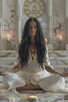 a woman sitting in the middle of a room with candles around her