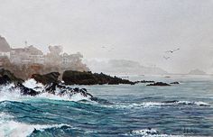 a painting of the ocean with waves crashing on rocks and houses in the distance behind it