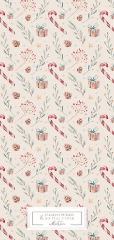 a christmas pattern with candy canes and bows on it's side, in pink