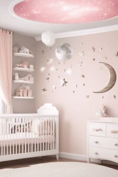 a baby's room decorated in pink and white with stars, moon and clouds on the wall