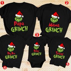 the grinch family christmas shirts with matching santa hats on them are shown in green and red