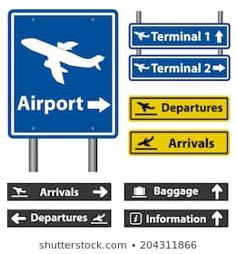 an airport sign with several different types of signs on the front and back of it