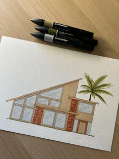 a drawing of a house with a palm tree in the front and two markers on the back