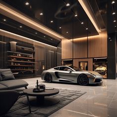 a car is parked in the middle of a large room with two couches and a coffee table