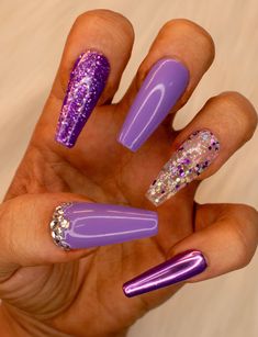 "Purple glitter and chrome press on nails. Design is shown on \"Medium Coffin\" *Colors and finishes are able to be customized on any of our nail sets.* *Please note that design may differ slightly due to nail shape and size chosen for the design.* Each set of nails is meticulously hand painted and my heart gets put into each set I make. I strive to create a gorgeous set of nails that you will love! When applied correctly our nails are able to last 2-3 weeks. They can also be reused when removed Purple Glitter Press On Nails, Cute Spring Nail Ideas, Lotus Nails, Press On Nails Design, Mom Nails, Purple And Silver Nails, Purple Nail Art, Medium Coffin, Chrome Nails Designs