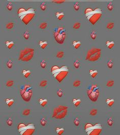 an image of hearts and lips on a gray background with red, white, and blue accents