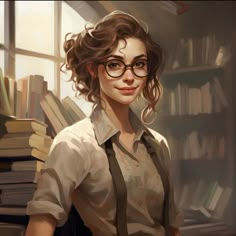 a painting of a woman with glasses standing in front of a bookshelf