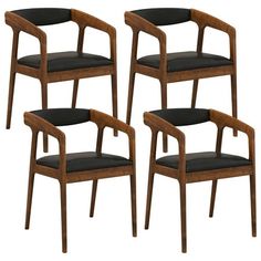 set of four chairs with black leather upholstered backrests and arm rests