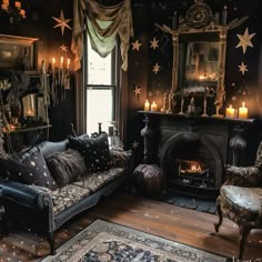 a living room filled with furniture and a fire place next to a window covered in stars