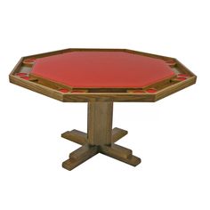 a wooden table with a red top and four legged legs on one leg, in the shape of an octagon