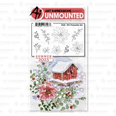 an art impressionss stamp featuring a red barn with flowers and snow on the roof