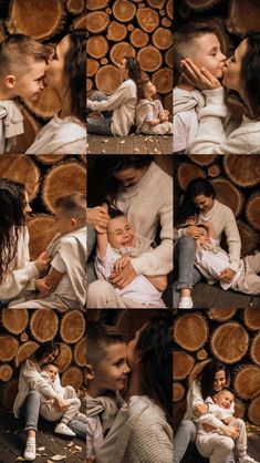 a collage of people sitting next to each other in front of wood logs and kissing