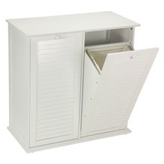 a white storage cabinet with doors open on the outside and inside side panels closed to reveal an empty drawer